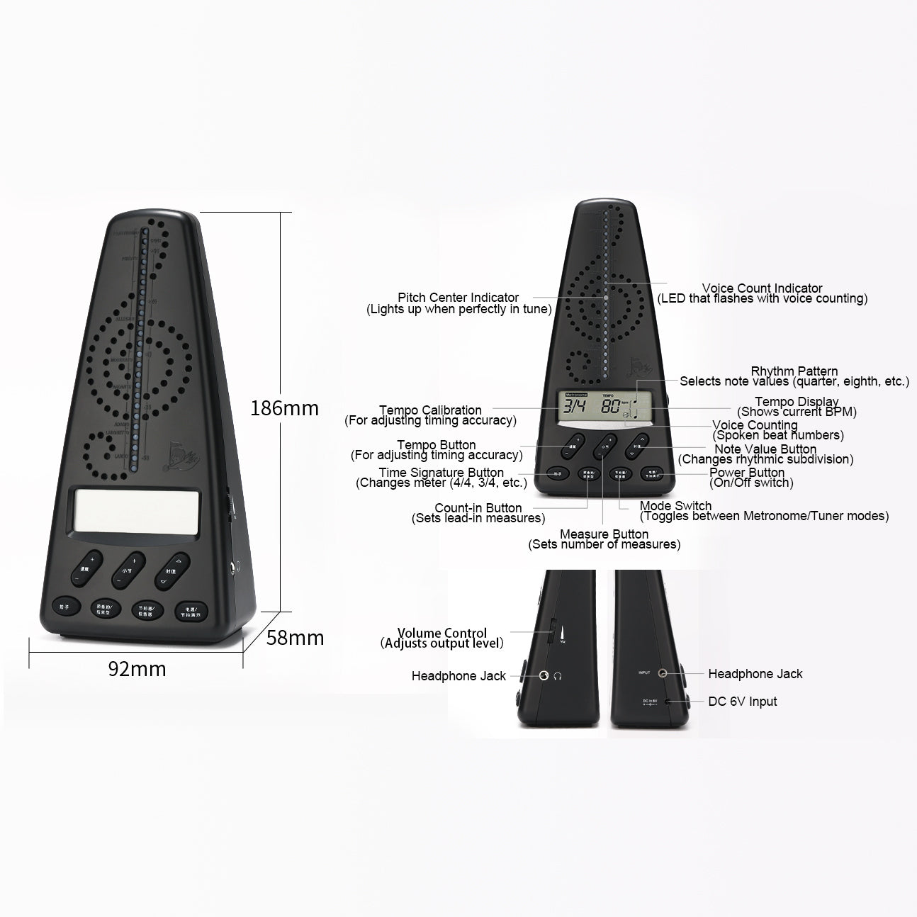 Metronome Tuner Tone Generator - Digital: 40-208 BPM, 12-TET, A4 435-445Hz Adjustable